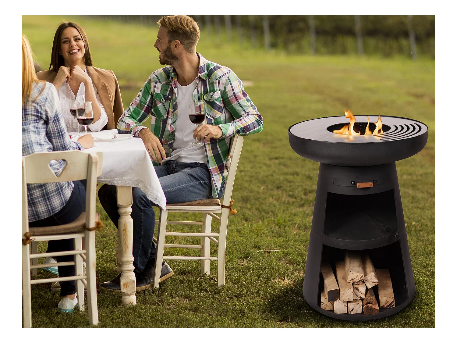 Barbecue rond avec plaque d'acier ronde et grille