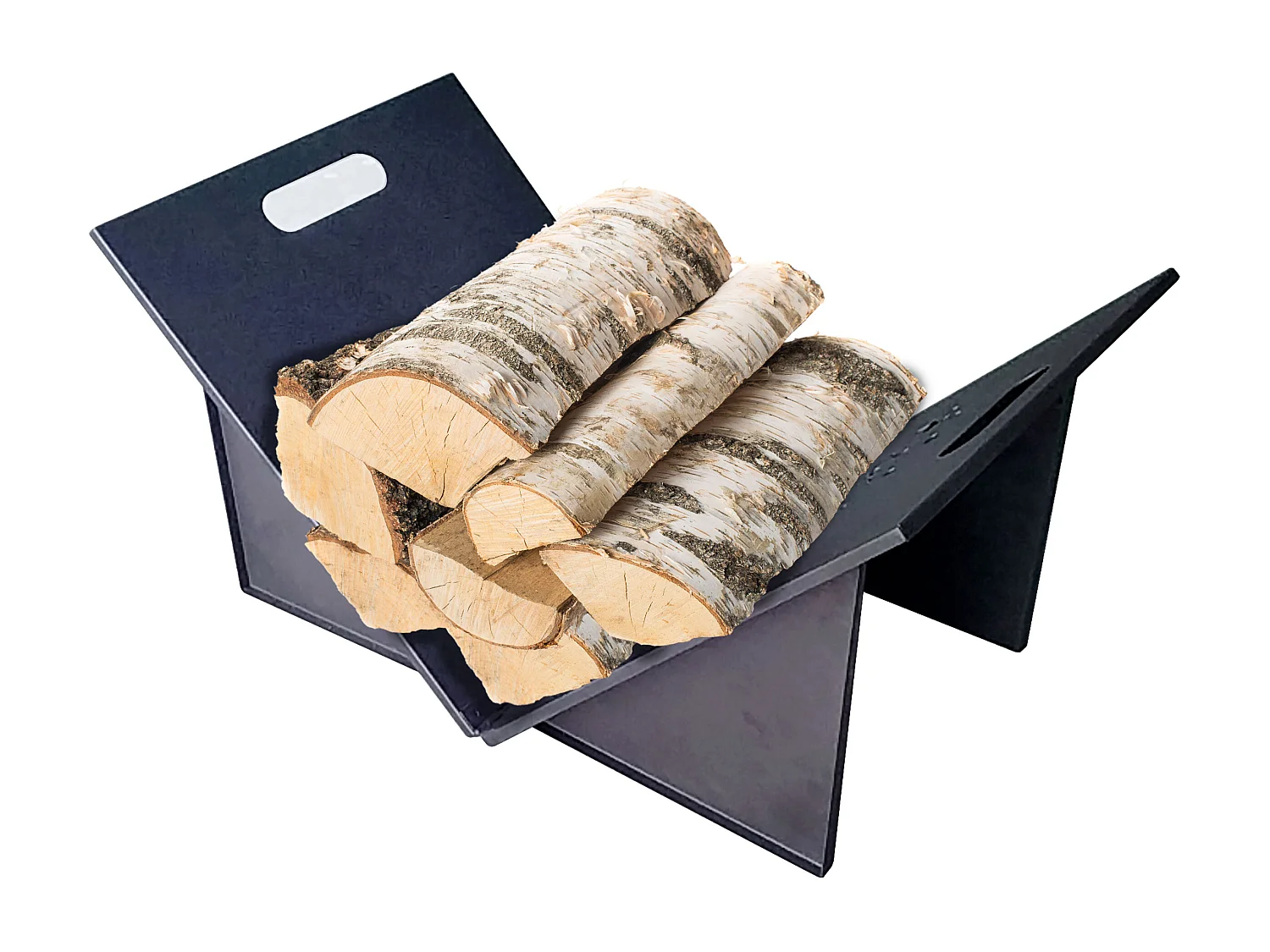 Porta lenha dobrável em aço preto com pegas