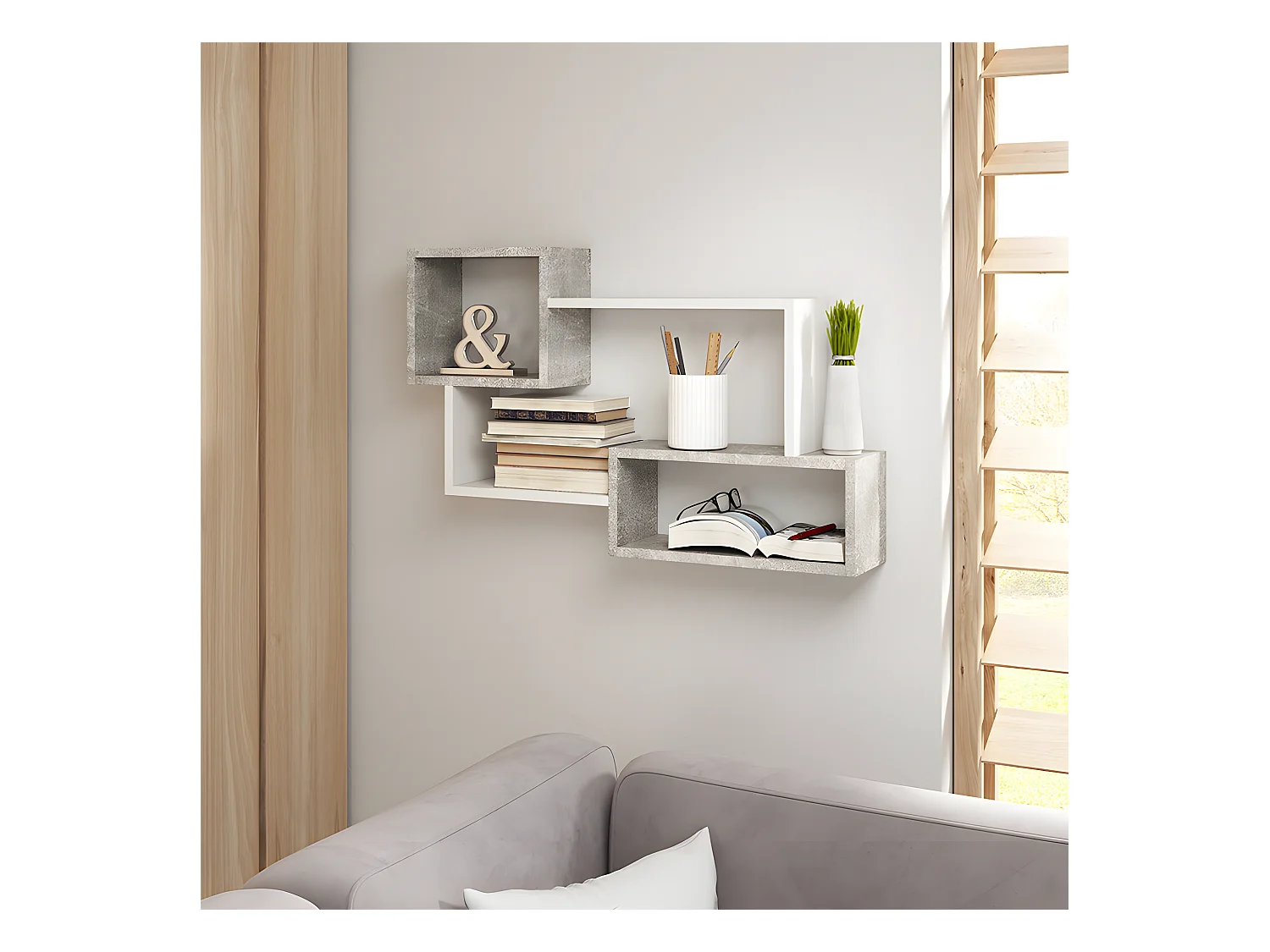Étagère murale / Étagère asymétrique 3 cases - béton / blanc - KASSI