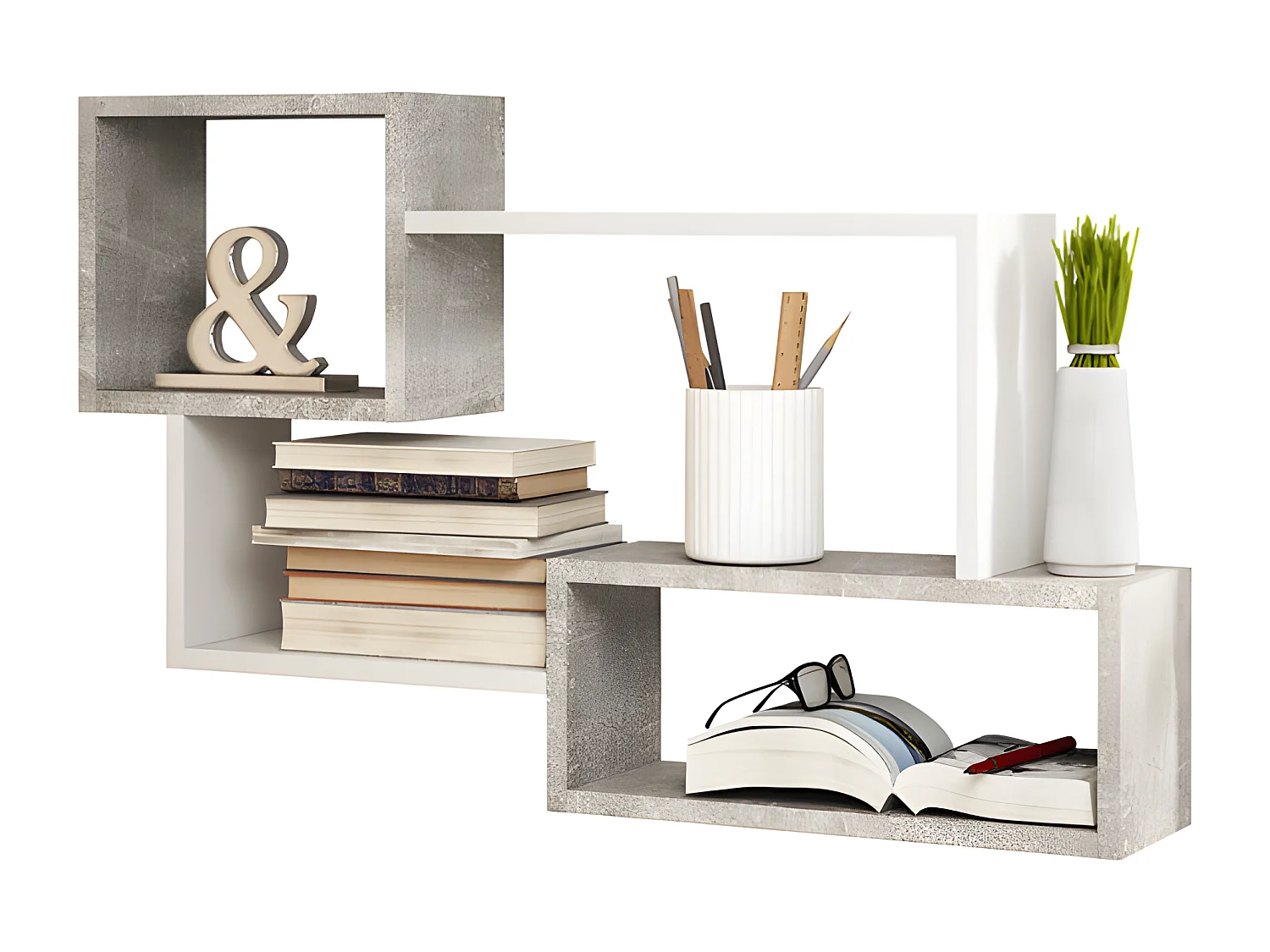 Étagère murale / Étagère asymétrique 3 cases - béton / blanc - KASSI