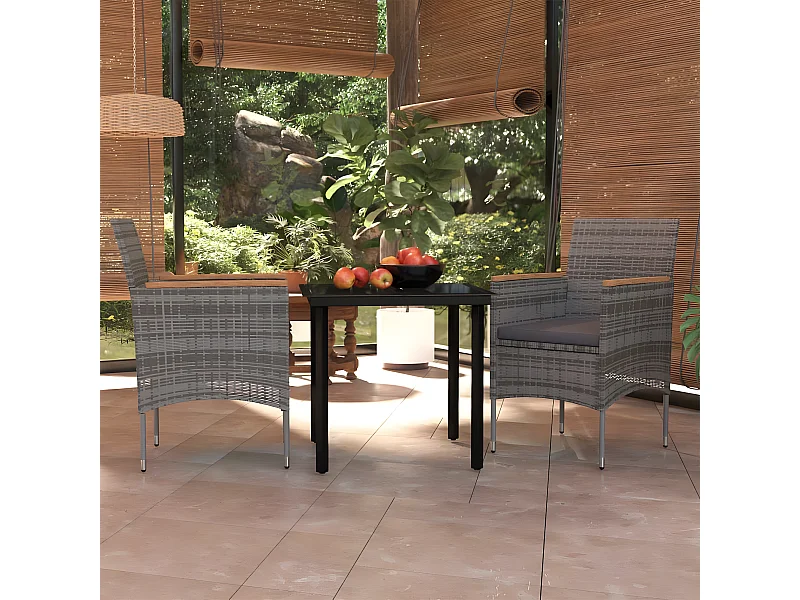 3-tlg. Garten-Essgruppe,Gartensitzgruppe mit Auflagen Grau und Schwarz -gkd71809