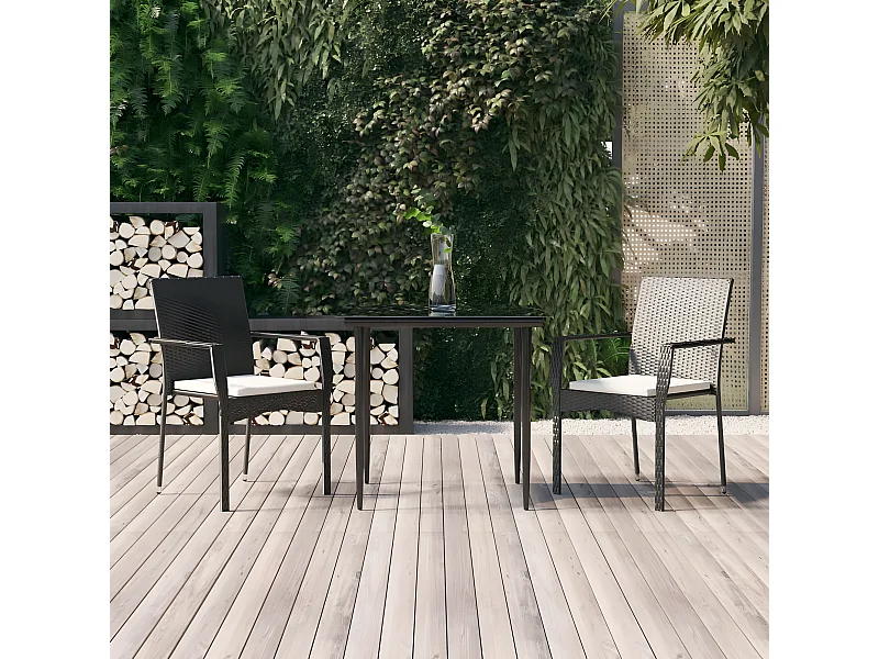 3-tlg. Garten-Essgruppe,Gartensitzgruppe mit Kissen Schwarz Poly Rattan -gkd21811