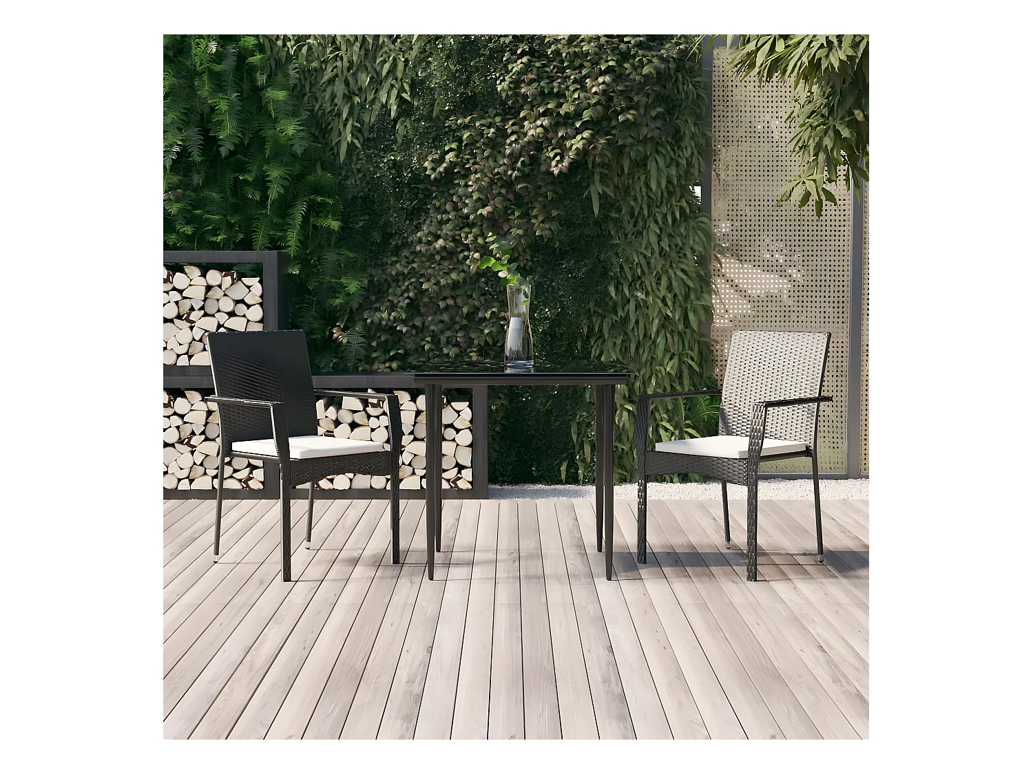 3 pcs conjunto de jantar p/ jardim c/ almofadões vime PE preto PT512379
