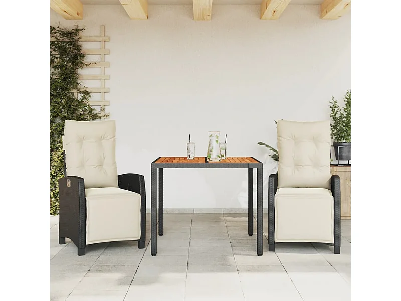 3-tlg. Garten-Essgruppe,Gartensitzgruppe mit Kissen Schwarz Poly Rattan -gkd51412