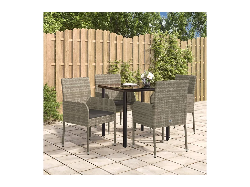 5 pcs conjunto jantar jardim c/ almofadões vime PE preto/cinza PT263487