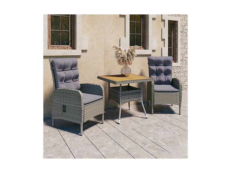 3-tlg. Garten-Essgruppe,Gartensitzgruppe Poly Rattan und Akazienholz Grau -gkd94398