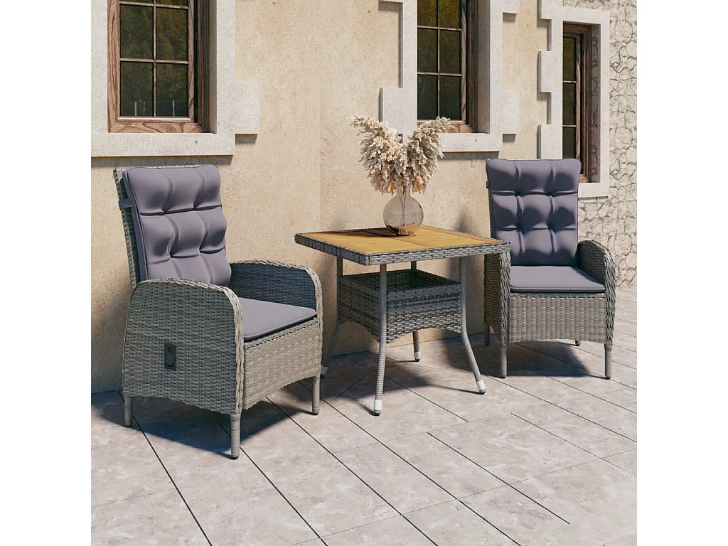 3-tlg. Garten-Essgruppe,Gartensitzgruppe Poly Rattan und Akazienholz Grau -gkd94398