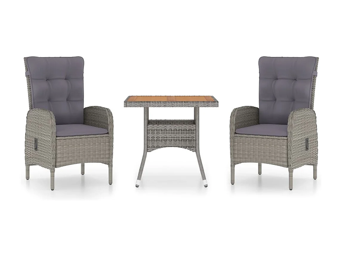 3-tlg. Garten-Essgruppe,Gartensitzgruppe Poly Rattan und Akazienholz Grau -gkd94398