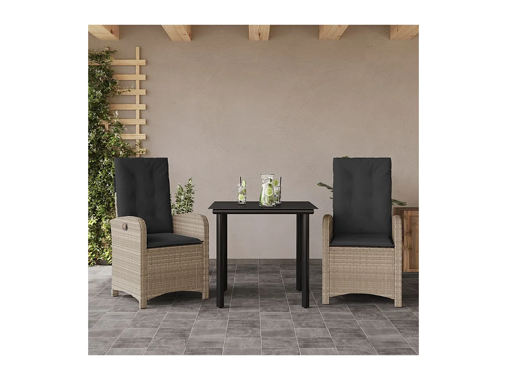 Ensemble à manger de jardin 3pcs coussins gris clair poly rotin BE69664