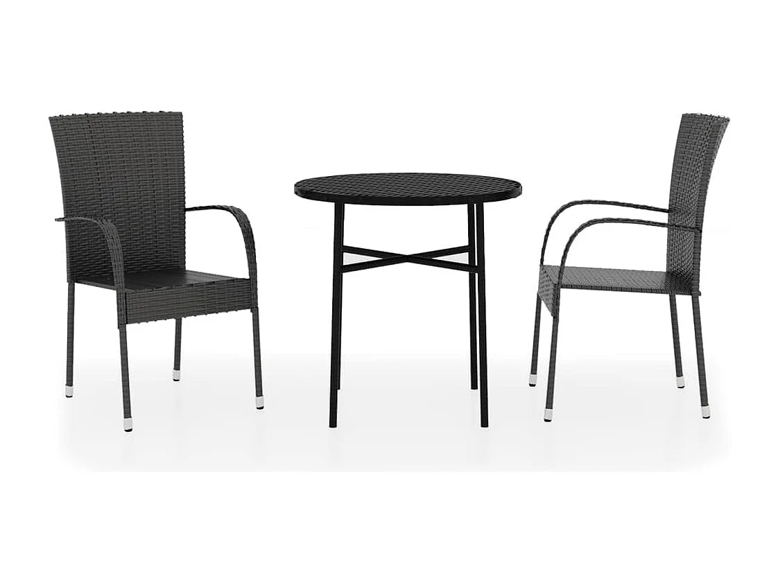 3 pcs conjunto de jantar para jardim vime PE preto PT562349