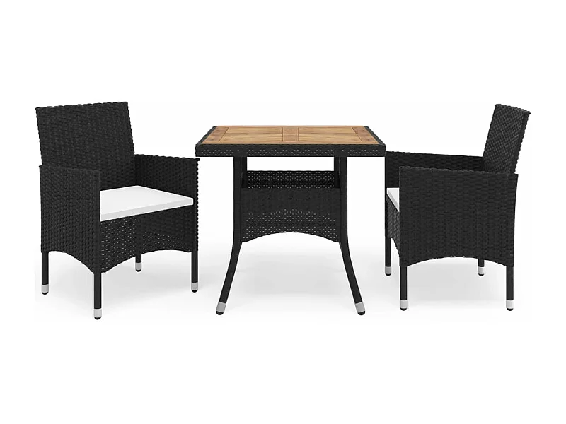 3-tlg. Garten-Essgruppe,Gartensitzgruppe Schwarz Poly Rattan und Akazienholz -gkd31337