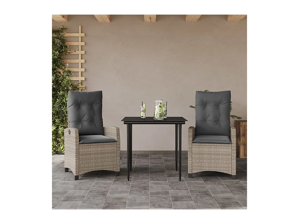 Ensemble à manger de jardin 3pcs coussins gris clair poly rotin BE73509