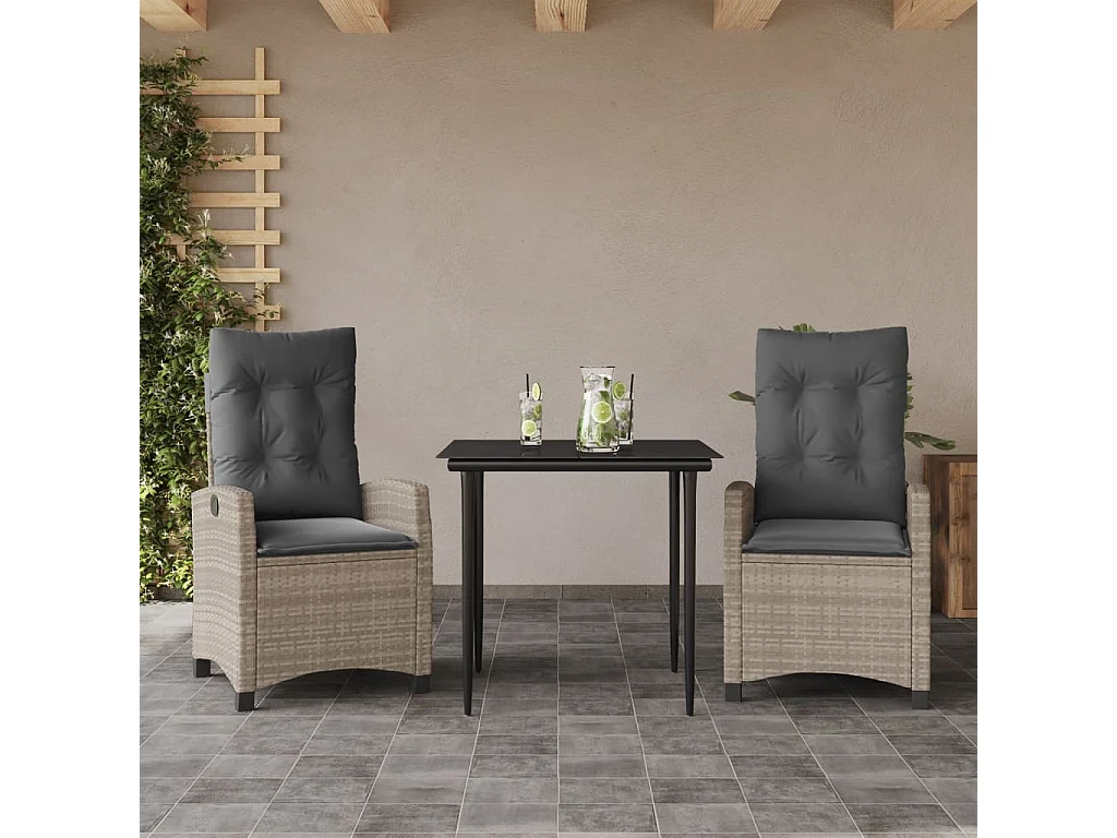 3-tlg. Garten-Essgruppe,Gartensitzgruppe mit Kissen Hellgrau Poly Rattan -gkd90581