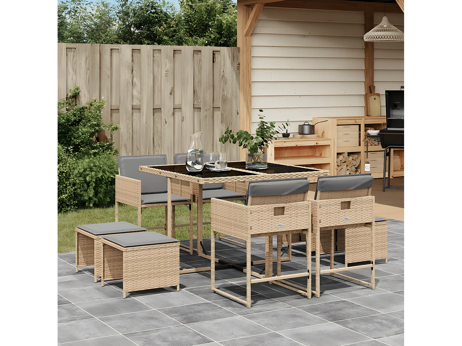 9-tlg. Garten-Essgruppe,Gartensitzgruppe mit Kissen Beigemischung Poly Rattan -gkd29021