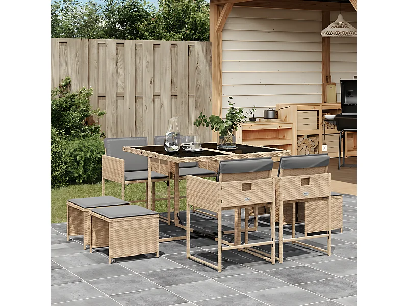 9-tlg. Garten-Essgruppe,Gartensitzgruppe mit Kissen Beigemischung Poly Rattan -gkd29021