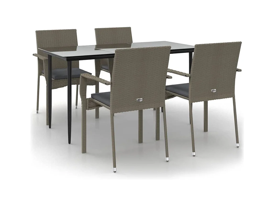 5-tlg. Garten-Essgruppe,Gartensitzgruppe mit Kissen Schwarz und Grau Poly Rattan -gkd65625