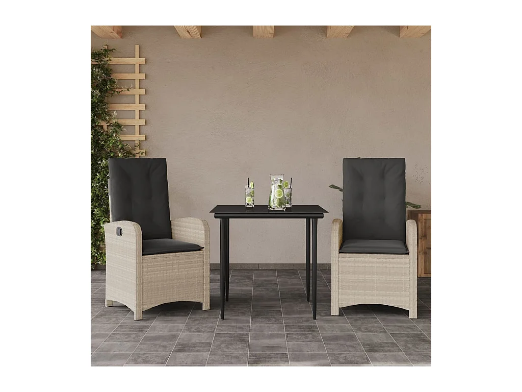 Ensemble à manger de jardin 3pcs coussins gris clair poly rotin BE49483