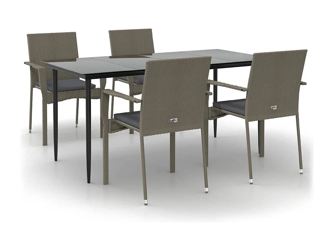 5-tlg. Garten-Essgruppe,Gartensitzgruppe mit Kissen Schwarz und Grau Poly Rattan -gkd94223