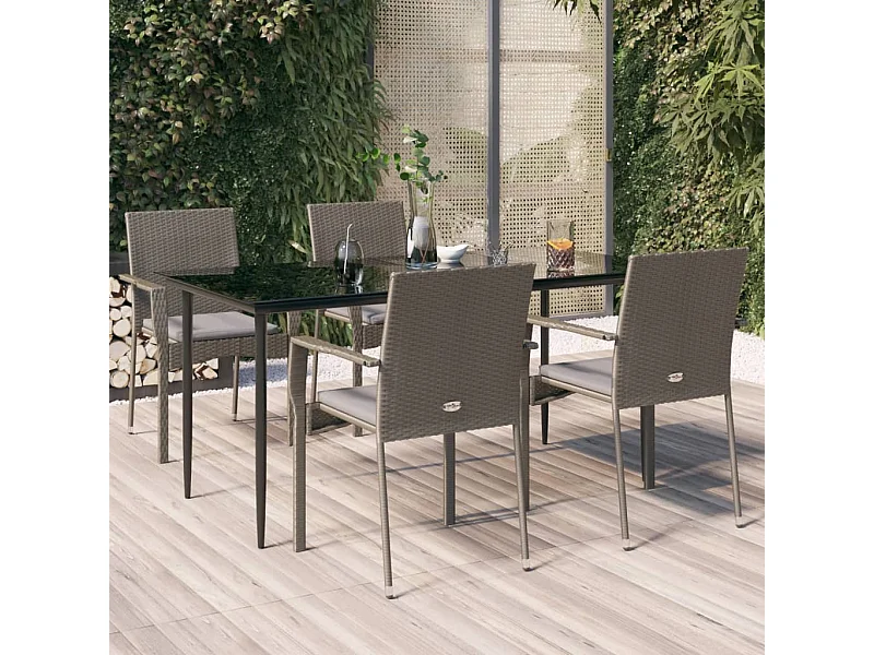 5-tlg. Garten-Essgruppe,Gartensitzgruppe mit Kissen Schwarz und Grau Poly Rattan -gkd94223
