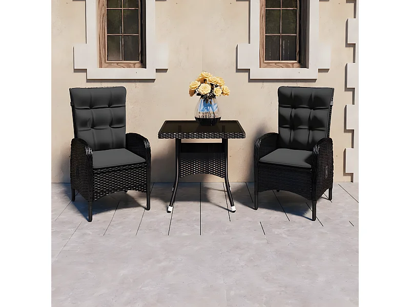 3-tlg. Garten-Essgruppe,Gartensitzgruppe Poly Rattan und Glas Schwarz -gkd47585
