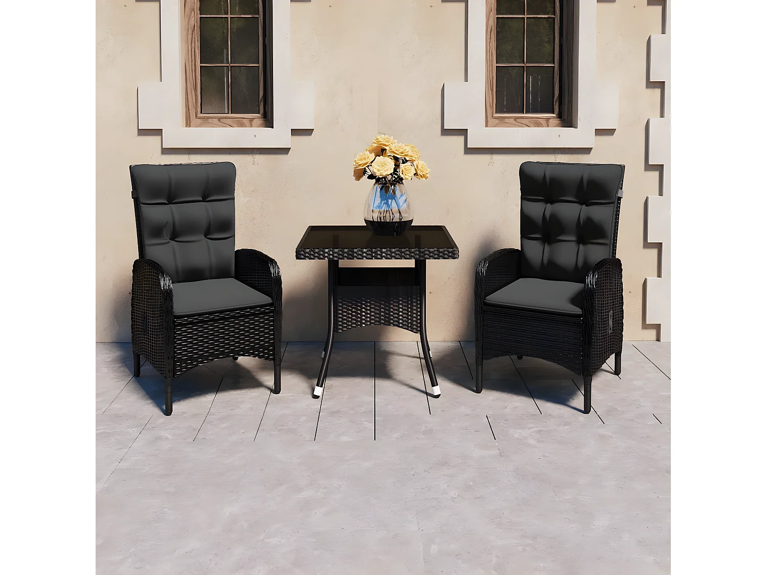 3 pcs conjunto de jantar para jardim vime PE e vidro preto PT668367