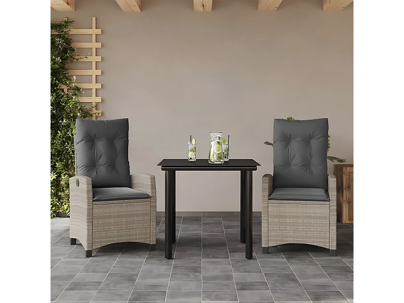 3-tlg. Garten-Essgruppe,Gartensitzgruppe mit Kissen Hellgrau Poly Rattan -gkd27377