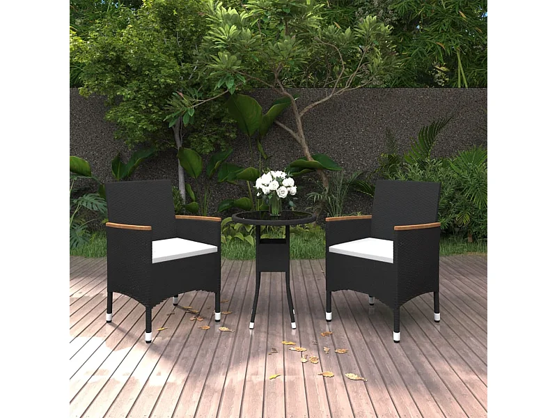 3 pcs conjunto de jantar para jardim vime PE preto PT387791