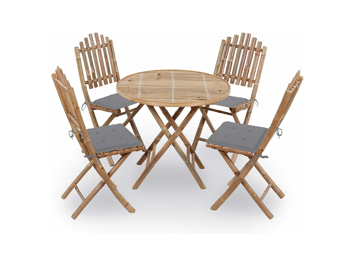Salle à manger de jardin pliable 5 pcs avec coussins Bambou GFDF20890