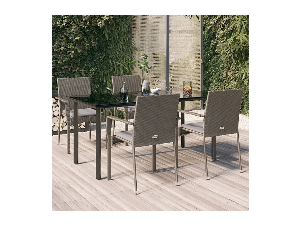 5-tlg. Garten-Essgruppe,Gartensitzgruppe mit Kissen Schwarz und Grau Poly Rattan -gkd92445