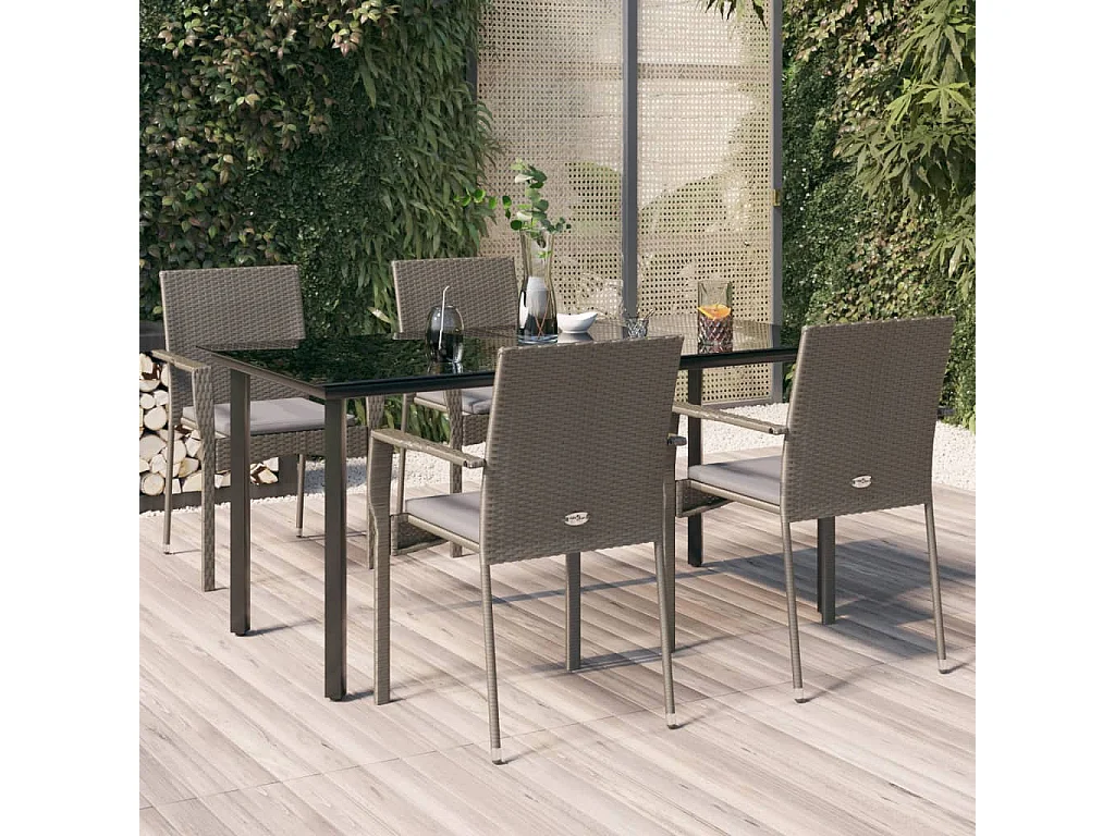 5-tlg. Garten-Essgruppe,Gartensitzgruppe mit Kissen Schwarz und Grau Poly Rattan -gkd92445