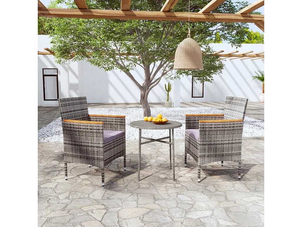3 pcs conjunto de jantar para jardim vime PE cinzento PT248028