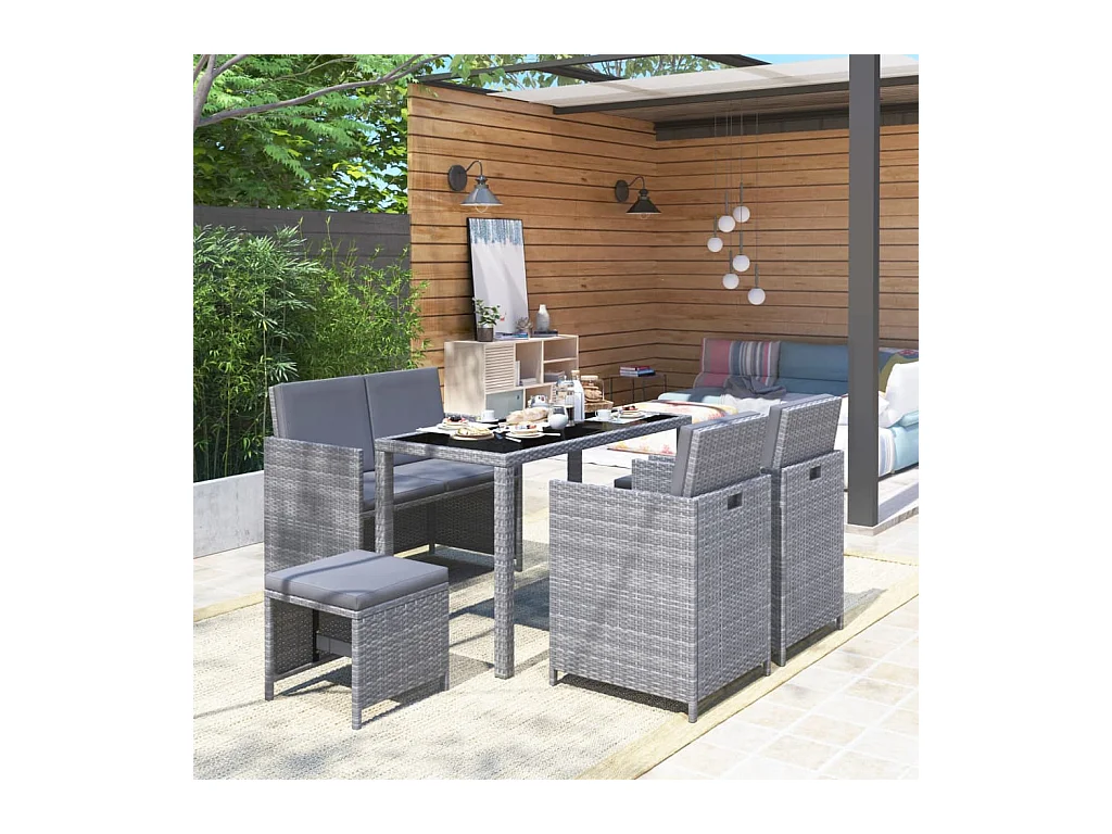 Salle à manger de jardin 6 pcs et coussins Résine tressée Gris BE25739