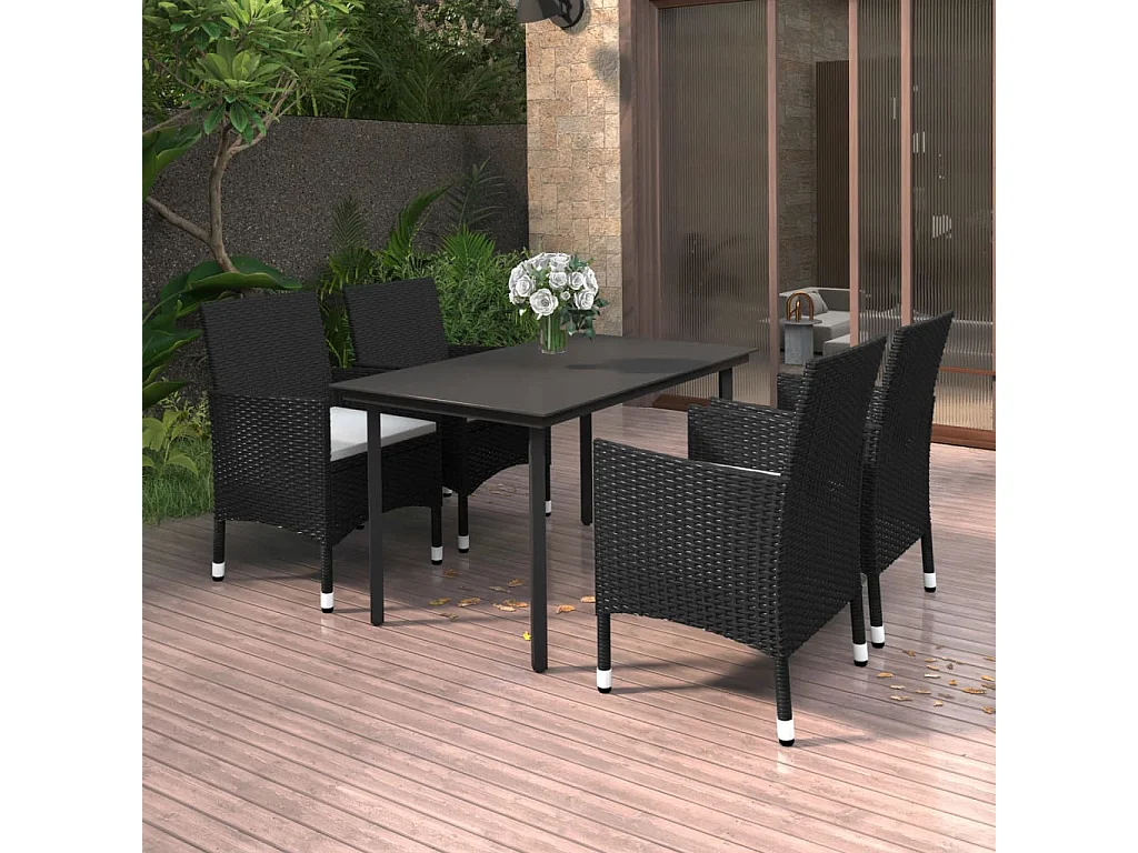 5-tlg. Garten-Essgruppe,Gartensitzgruppe mit Auflagen Poly Rattan und Glas -gkd86254