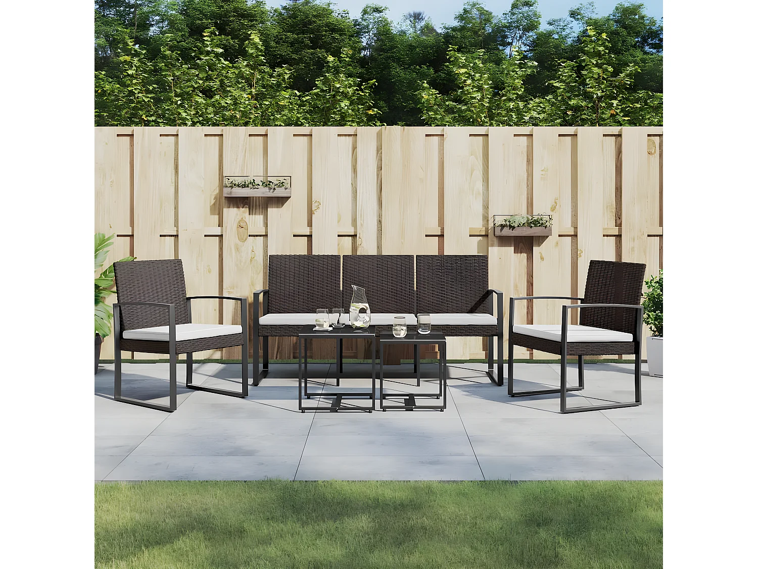 Ensemble à manger de jardin avec coussins 5 pcs marron rotin PP BE78763