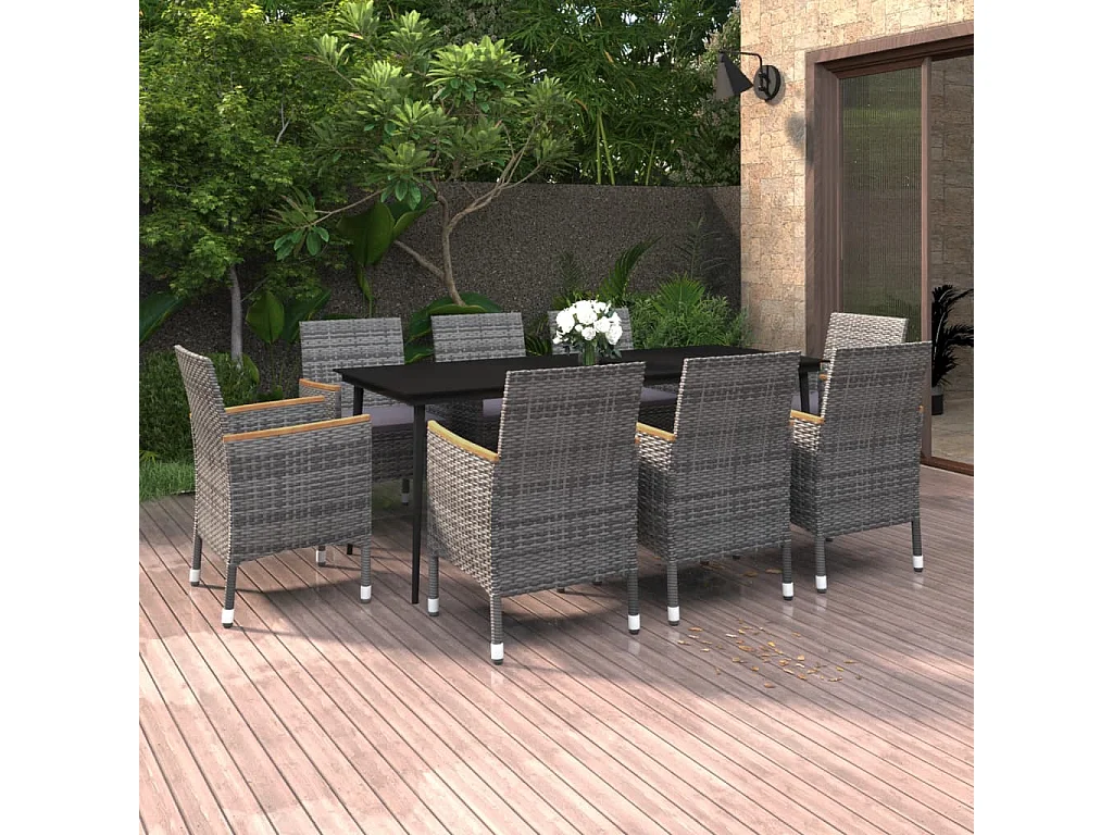 Ensemble à dîner de jardin coussins 9 pcs Résine tressée Verre GFDF70584