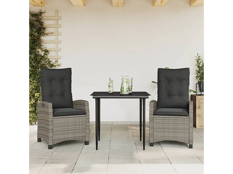 3 pcs conjunto de jantar p/ jardim c/ almofadões vime PE cinza PT237649