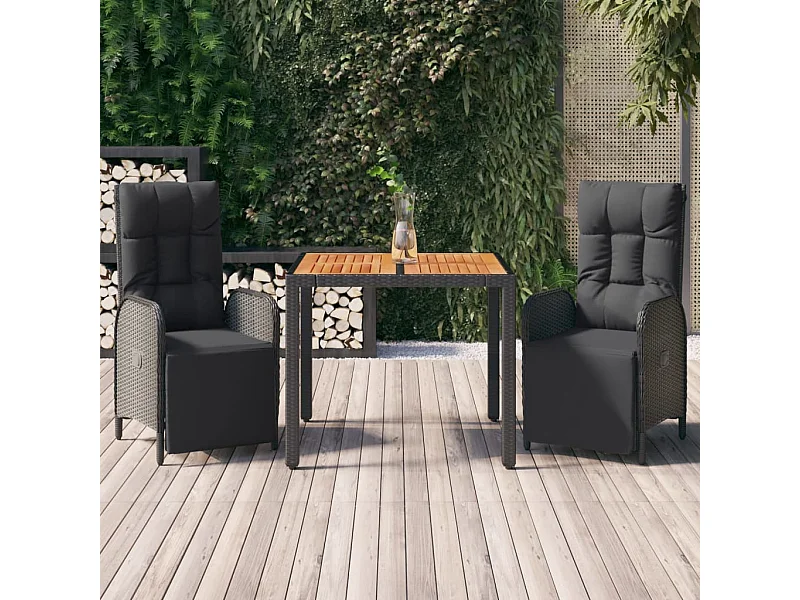 3-tlg. Garten-Essgruppe,Gartensitzgruppe mit Kissen Schwarz Poly Rattan -gkd34666