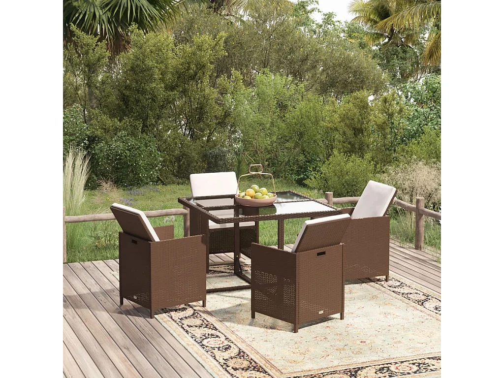 Salle à manger de jardin et coussins 5 pcs Poly rotin Marron BE94938