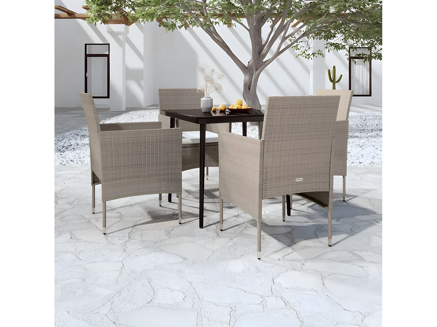 5-tlg. Garten-Essgruppe,Gartensitzgruppe mit Kissen Beige und Schwarz -gkd95306