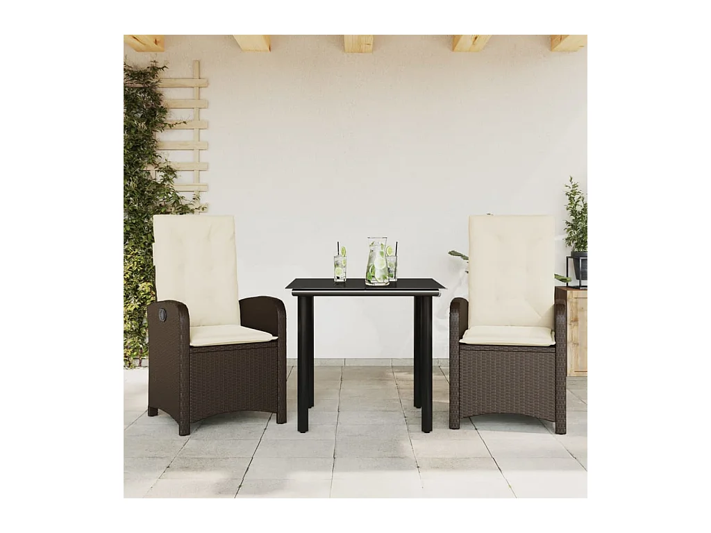 Ensemble à manger de jardin 3 pcs et coussins marron poly rotin BE48413