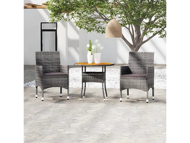 3 pcs conjunto de jantar para jardim vime PE cinzento PT359793