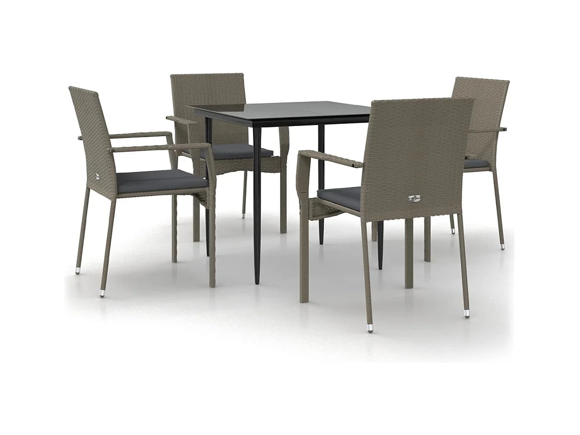 5-tlg. Garten-Essgruppe,Gartensitzgruppe mit Kissen Schwarz und Grau Poly Rattan -gkd50581