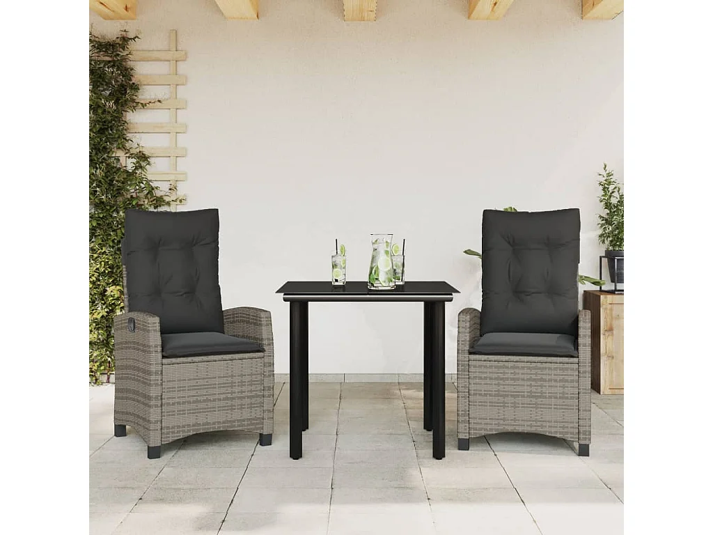 3-tlg. Garten-Essgruppe,Gartensitzgruppe mit Kissen Grau Poly Rattan -gkd58689