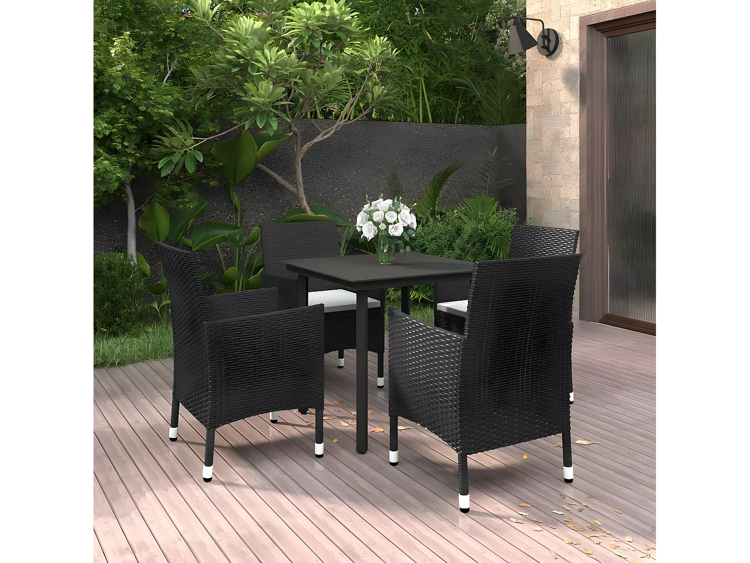 5-tlg. Garten-Essgruppe,Gartensitzgruppe mit Auflagen Poly Rattan und Glas -gkd32643