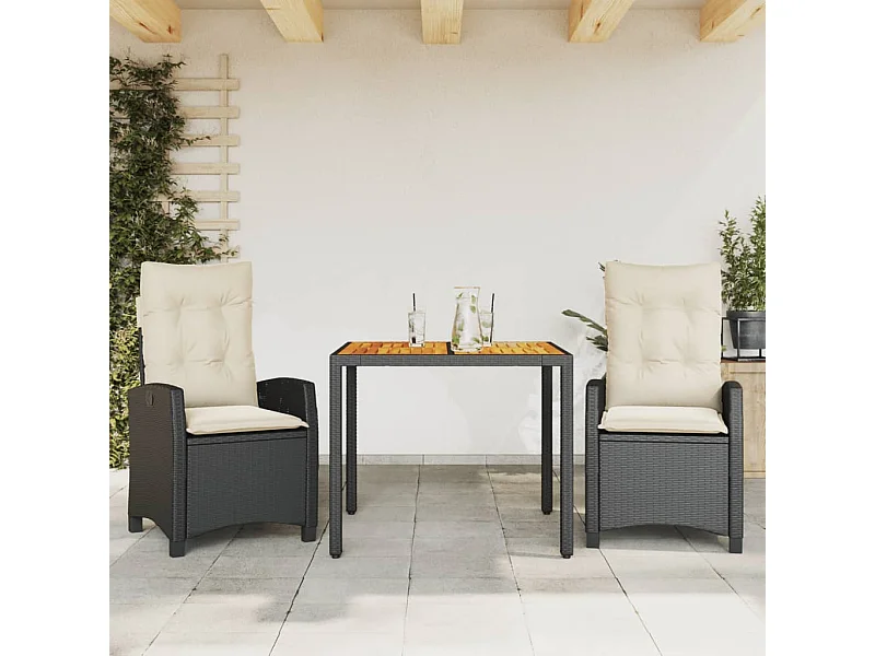 3 pcs conjunto de jantar p/ jardim c/ almofadões vime PE preto PT875183