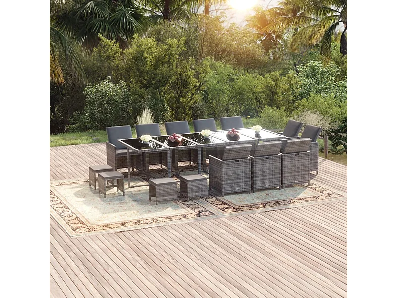 Ensemble à dîner de jardin coussins 15 pcs Résine tressée Gris BE24822