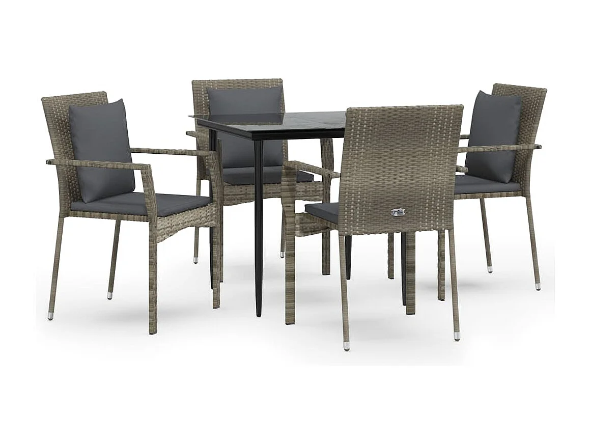 5 pcs conjunto jantar jardim c/ almofadões vime PE preto/cinza PT802655