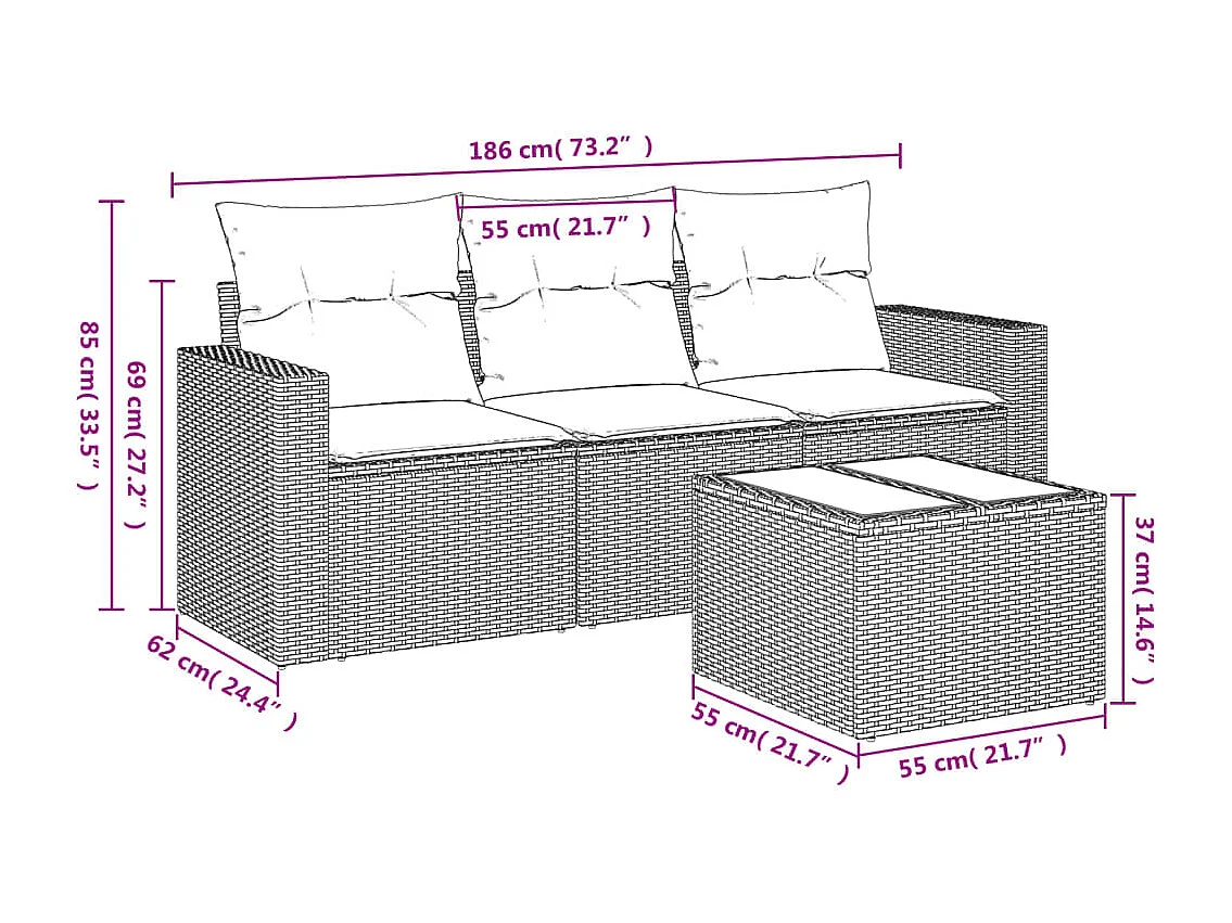 4-delige Loungeset met kussens poly rattan beige NL33309