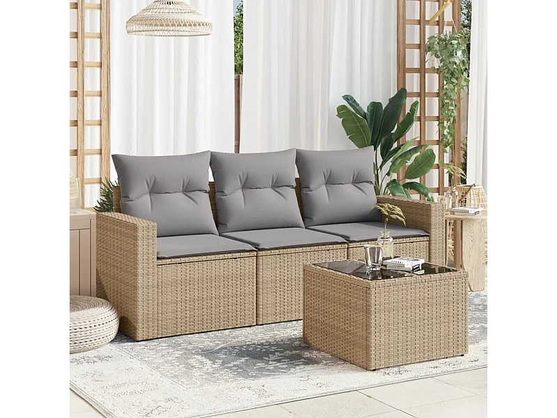 4 pcs conjunto de sofás para jardim c/ almofadões vime PE bege PT847109