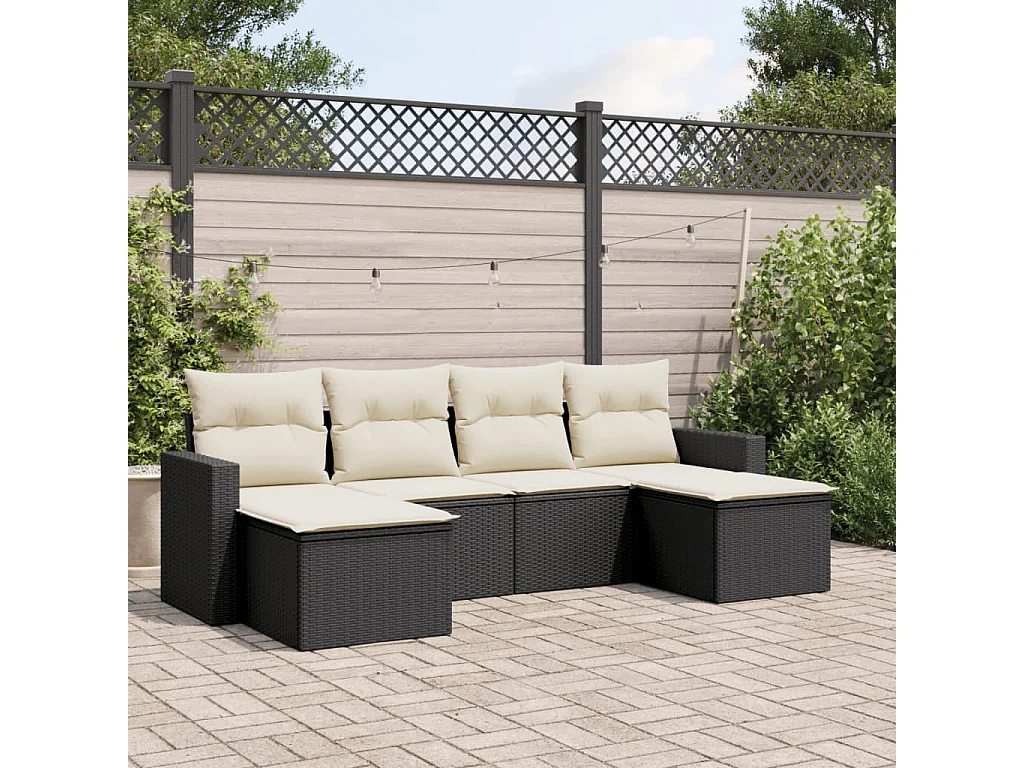 6 pcs conjunto sofás de jardim c/ almofadões vime PE preto PT953555